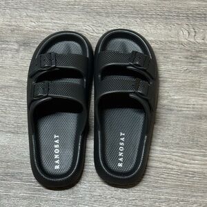 Black Double-Buckle Slide Sandals with Logo